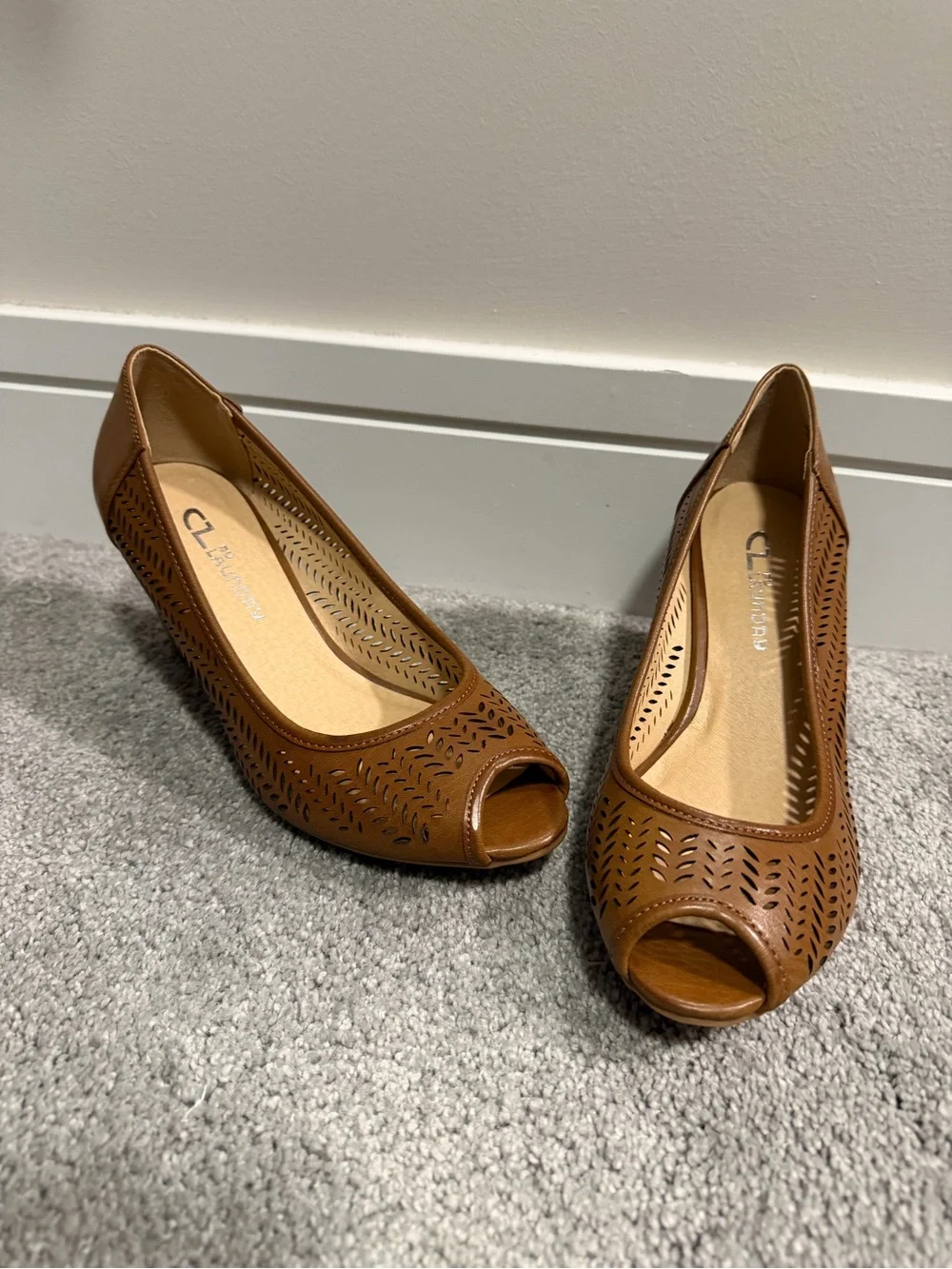 CL by Laundry Brown Laser-Cut Peep-Toe Wedges